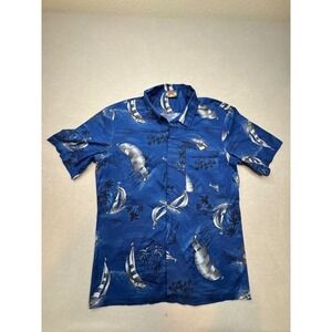 Hawaii Blues Mens Large Blue Sailboat Tropical Palm Tree Short Sleeve Button